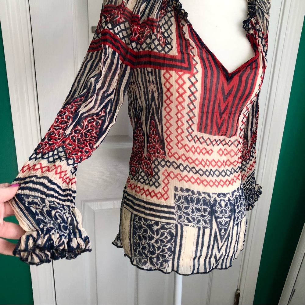 Lucky Brand red, white,blue sheer long sleeve top XS